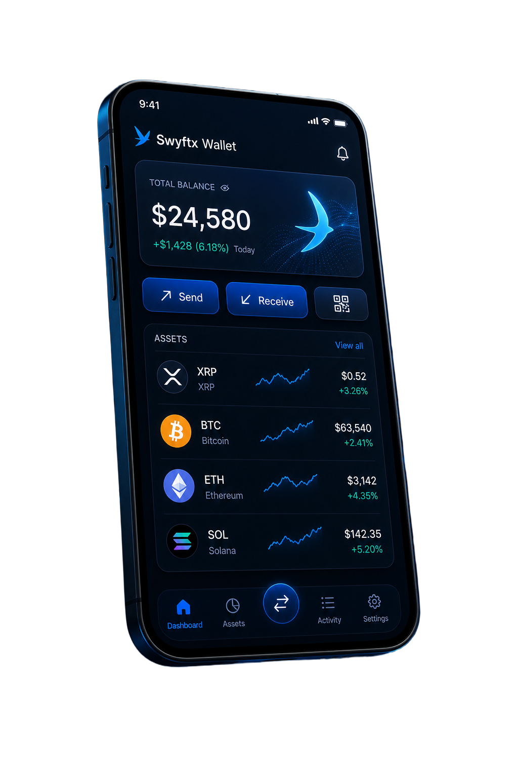Swyftx Wallet app dashboard on a phone